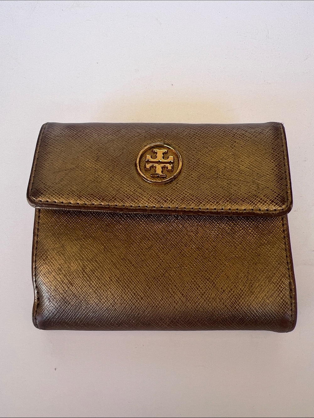 Tory Burch Metallic Bronze Compact Logo Wallet